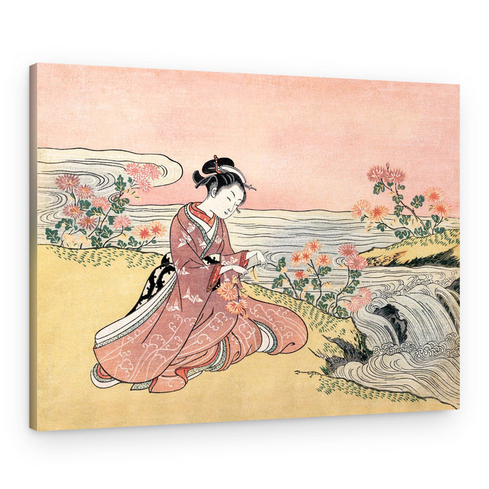 Japanese Woman Picking Chrysanthemum (1725 1770) Vintage Woodblock Print – Canvas Print