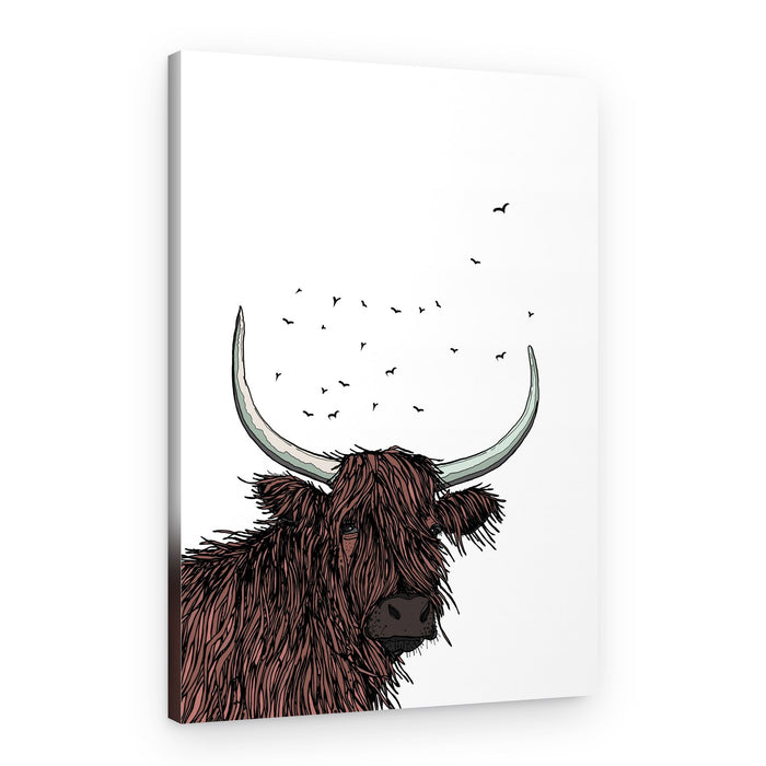 Highland Cow with Birds – Canvas Print