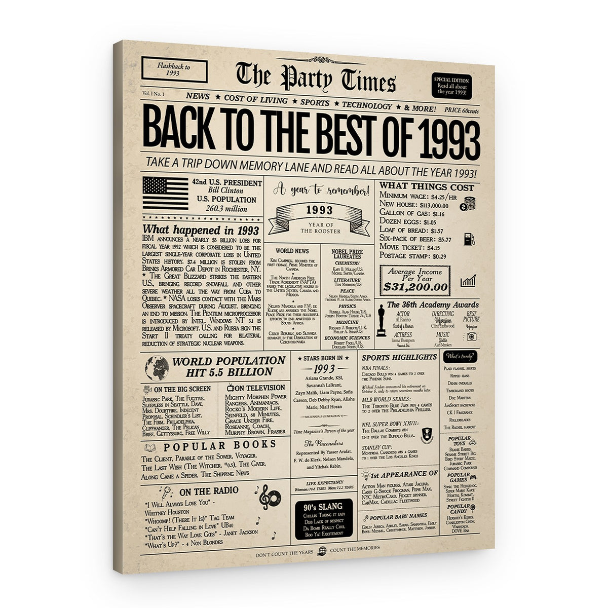 Back In 1993 31st Birthday Newspaper Canvas Print – Canvas Print