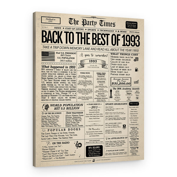 Back In 1993 31st Birthday Newspaper Canvas Print