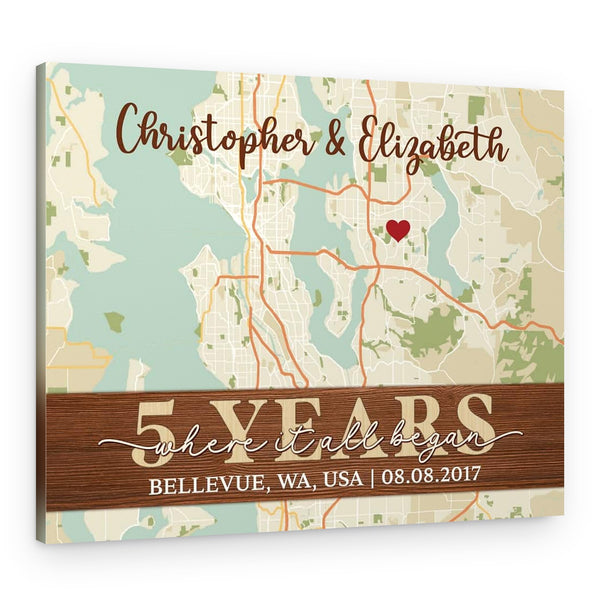 Where It All Began Custom Street Map 5th Anniversary Canvas Print