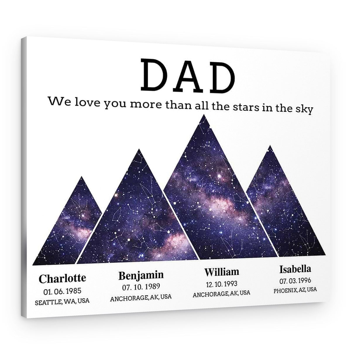 Custom Star Map Gift For Dad Mountain Night Sky Canvas Print – Canvas Print – 4 Names