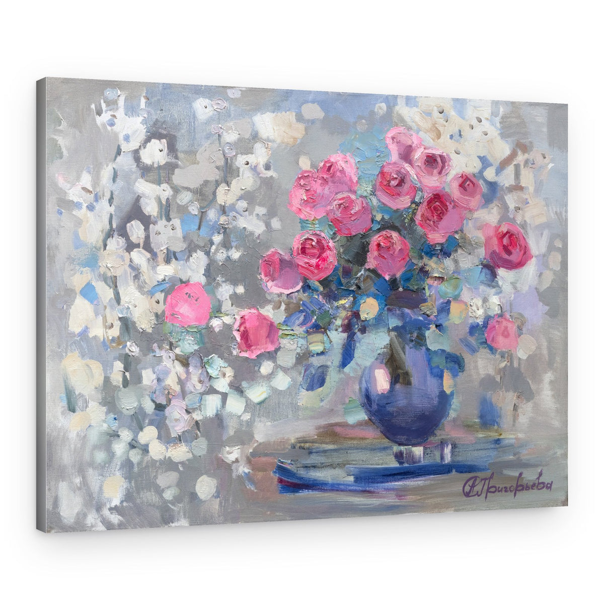 Vibrant Pink Roses Blue Vase – Canvas Print