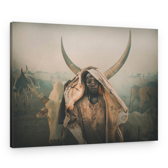 Dinka Herder and Cattle – Canvas Print