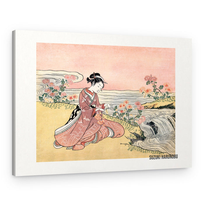 Japanese Woman Picking Chrysanthemum (1725 1770) Vintage Woodblock Print – Canvas Print