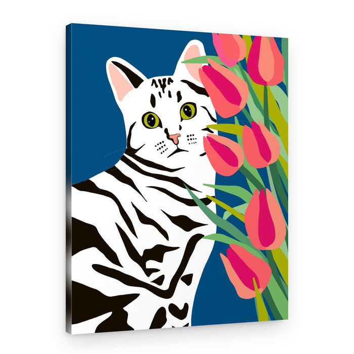 Curious Cat and Tulips – Canvas Print