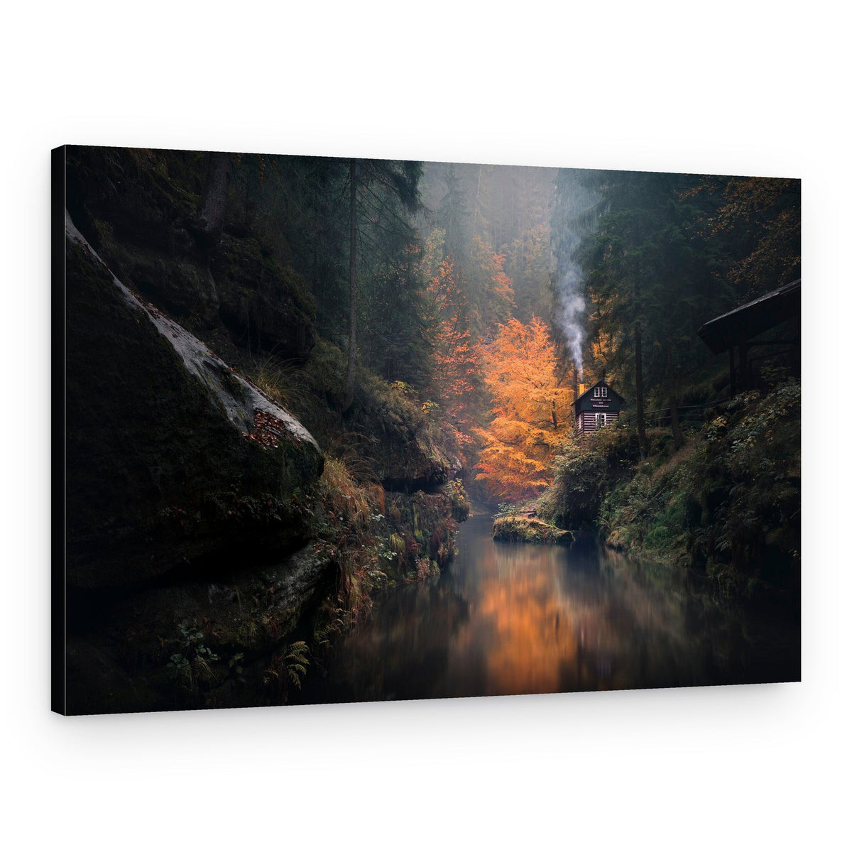 Misty Autumn Cabin – Canvas Print