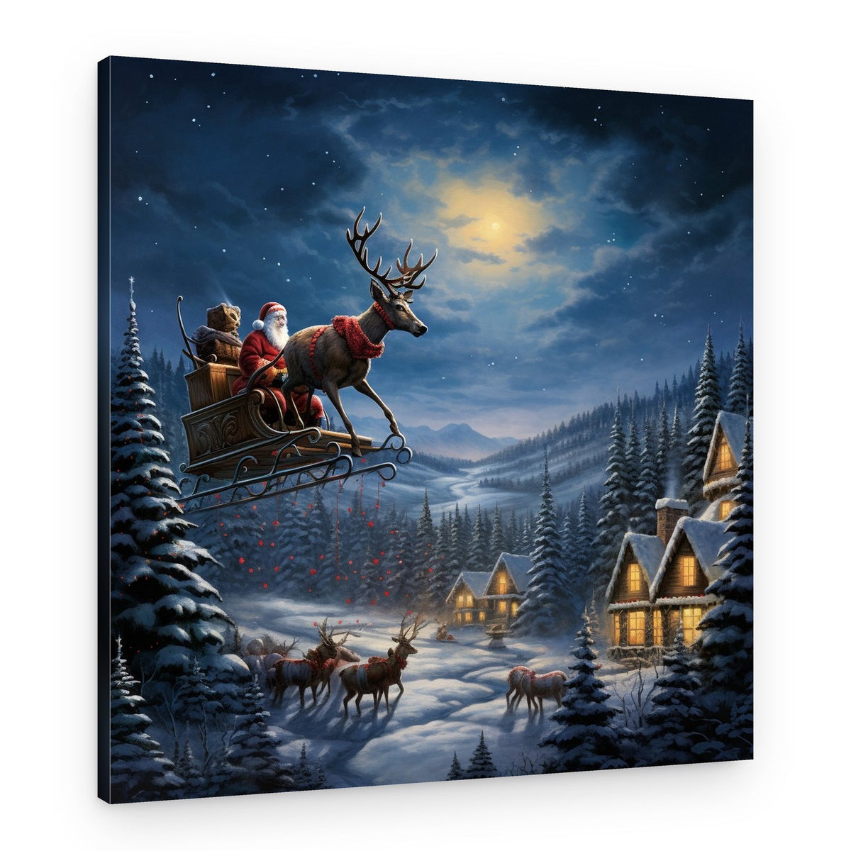Santa’s Sleigh and Reindeer in Sky Christmas Canvas Art – Canvas Print