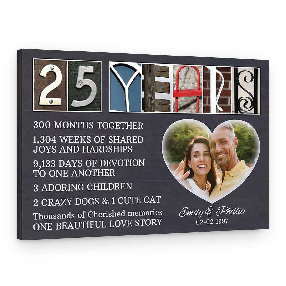 25 Years Wedding Anniversary Letter Art Sentimental Milestones – Gray Background – Personalized Photo, Name, Date – Canvas Print