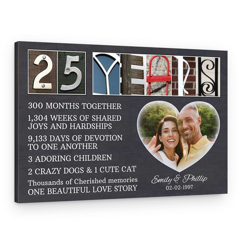 25 Years Wedding Anniversary Letter Art Sentimental Milestones – Gray Background – Personalized Photo, Name, Date – Canvas Print