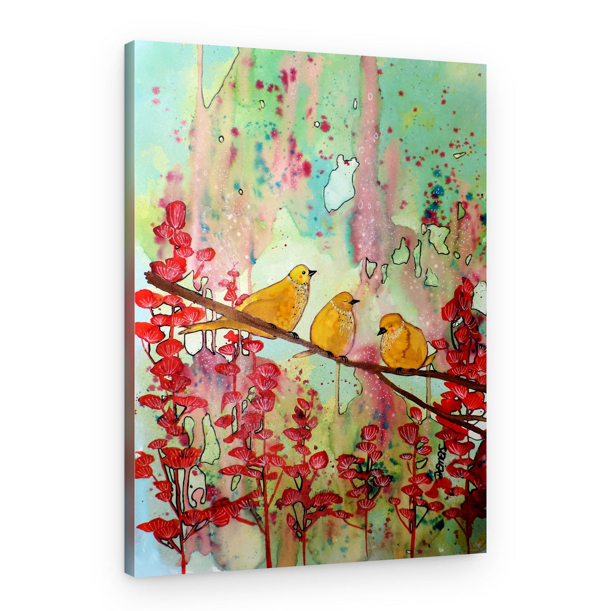 Yellow Birds Red Foliage – Canvas Print