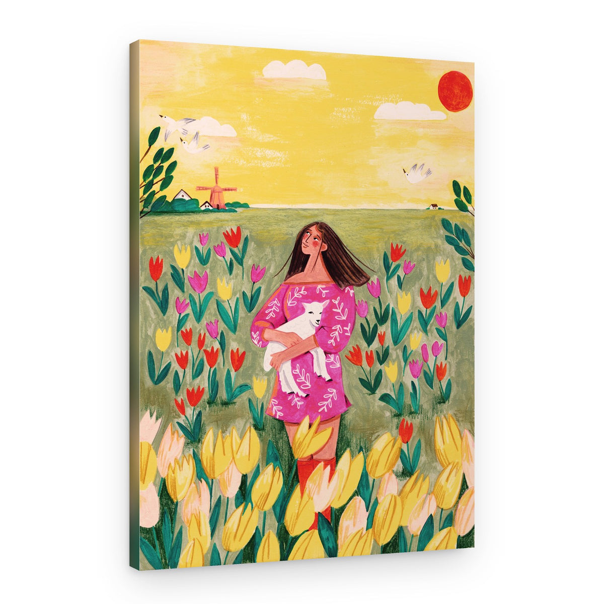 Woman in spring tulip field – Canvas Print