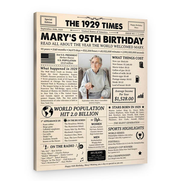 95th Birthday Gift: 1929 Birthday Newspaper Canvas