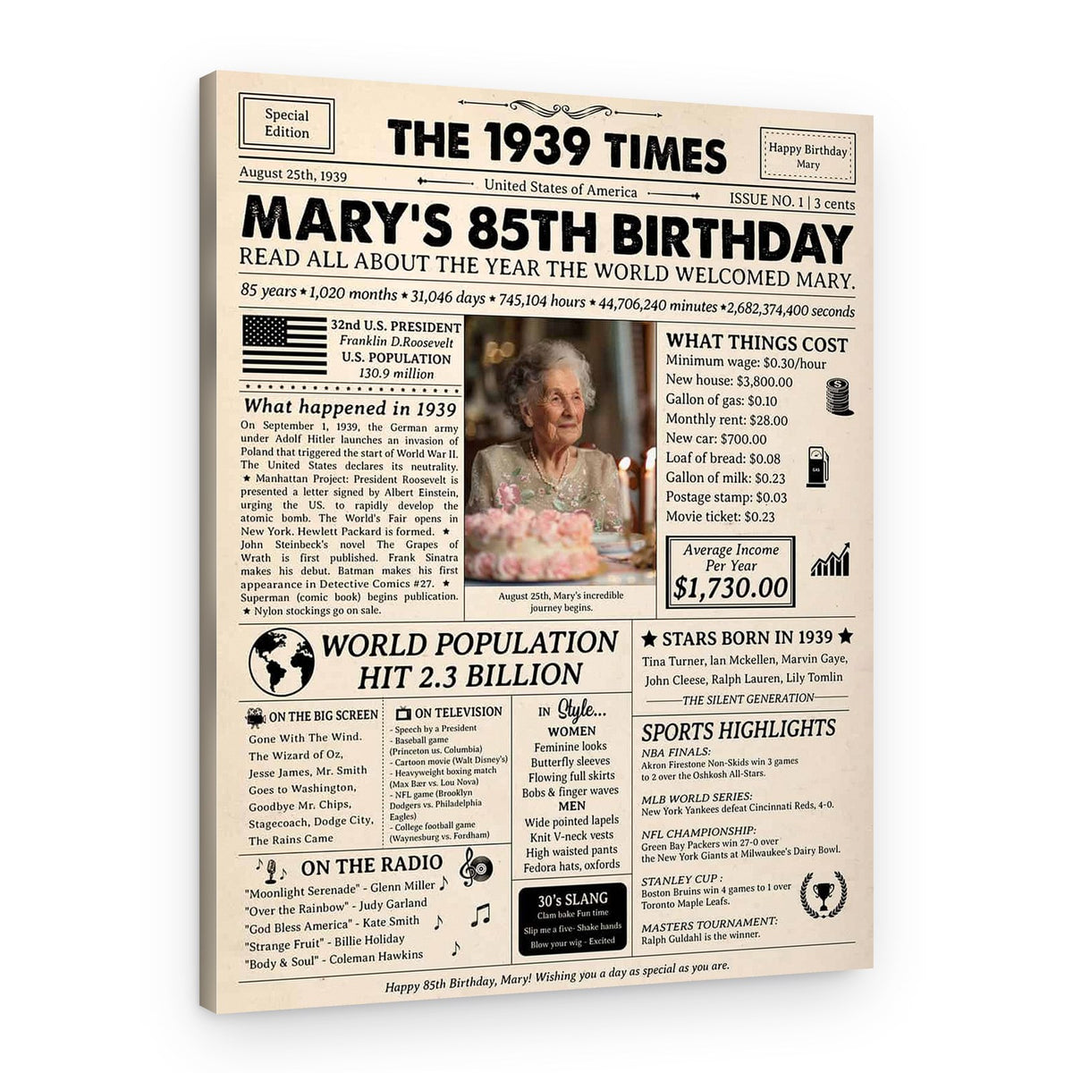 85th Birthday Gift: 1939 Birthday Newspaper Canvas – Canvas Print
