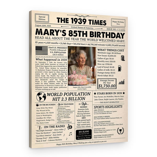 85th Birthday Gift: 1939 Birthday Newspaper Canvas