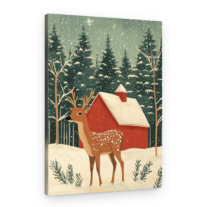 Winter Deer Red Barn – Canvas Print