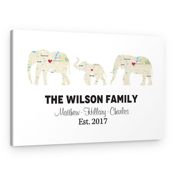Personalized Elephant Family Print – Retro Map Canvas Print