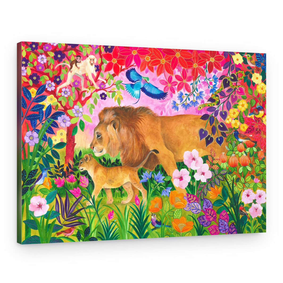 Lion And Cub Surrounded By Colorful Flowers – Canvas Print