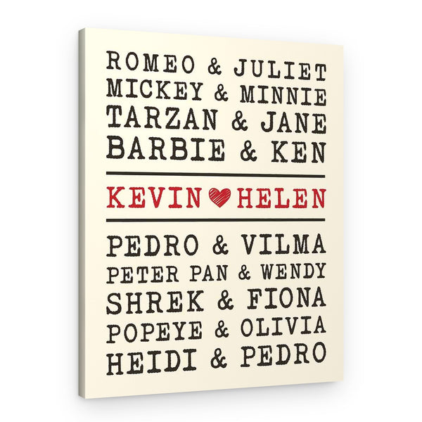 Famous Couples Custom Names Canvas Print