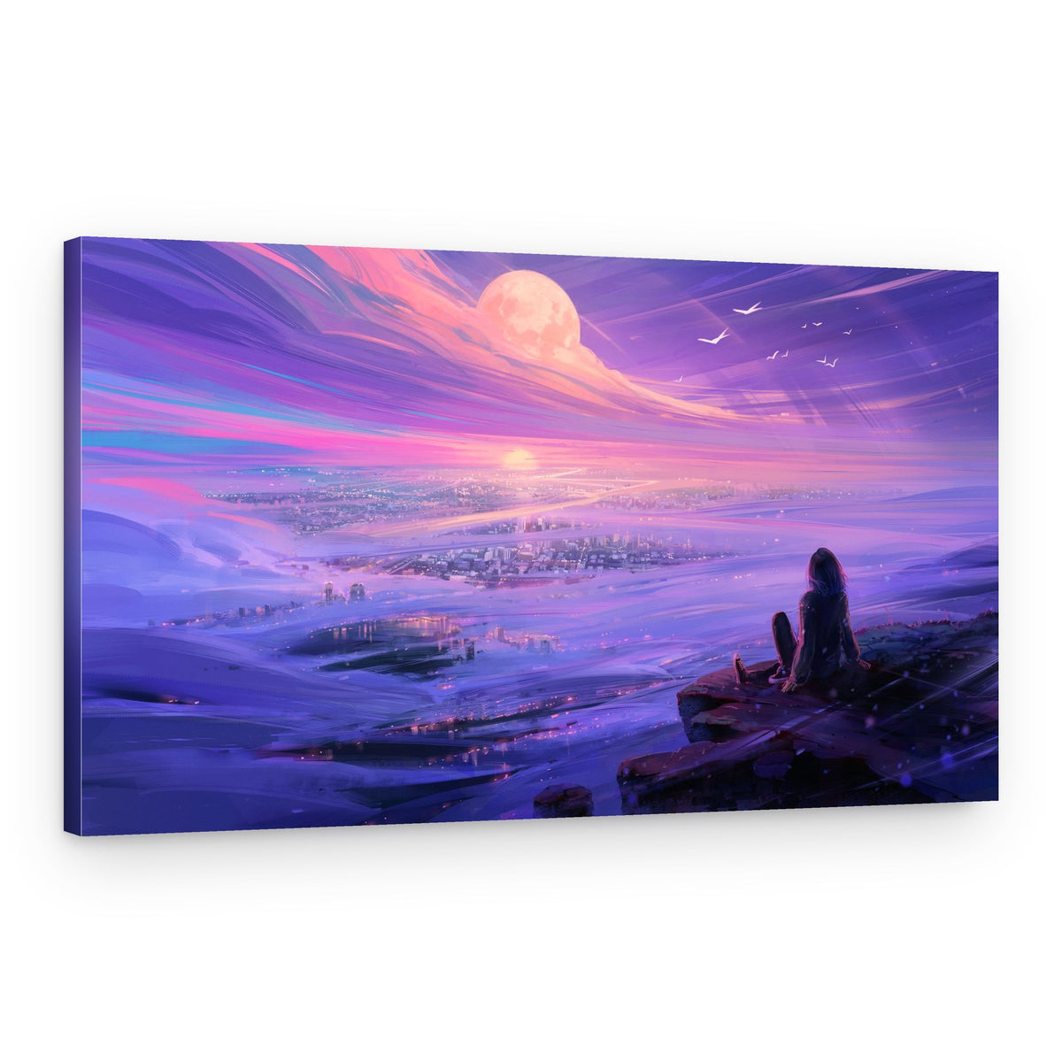 Girl Over Moonlit City – Canvas Print