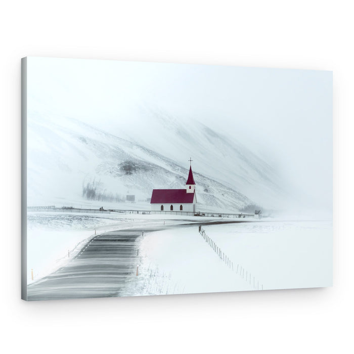 Red Roof Winter Church – Canvas Print