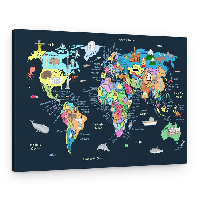 Kids World Map Animals – Canvas Print