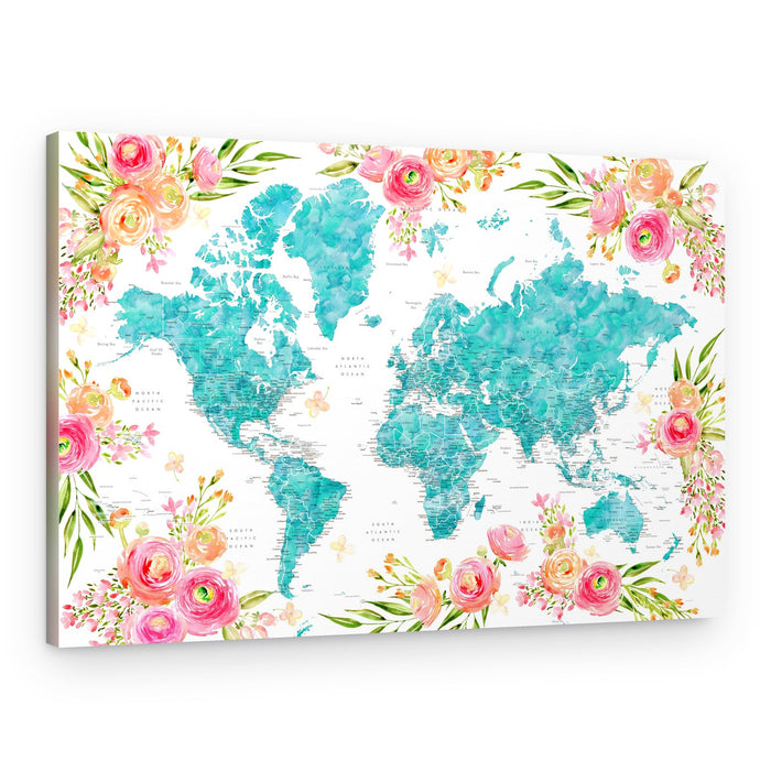 Floral Watercolor World Map – Canvas Print