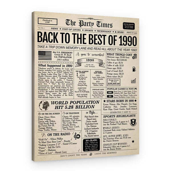 Back In 1990 34th Birthday Newspaper Canvas Print