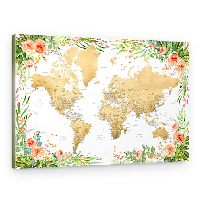 Golden Floral World Map – Canvas Print