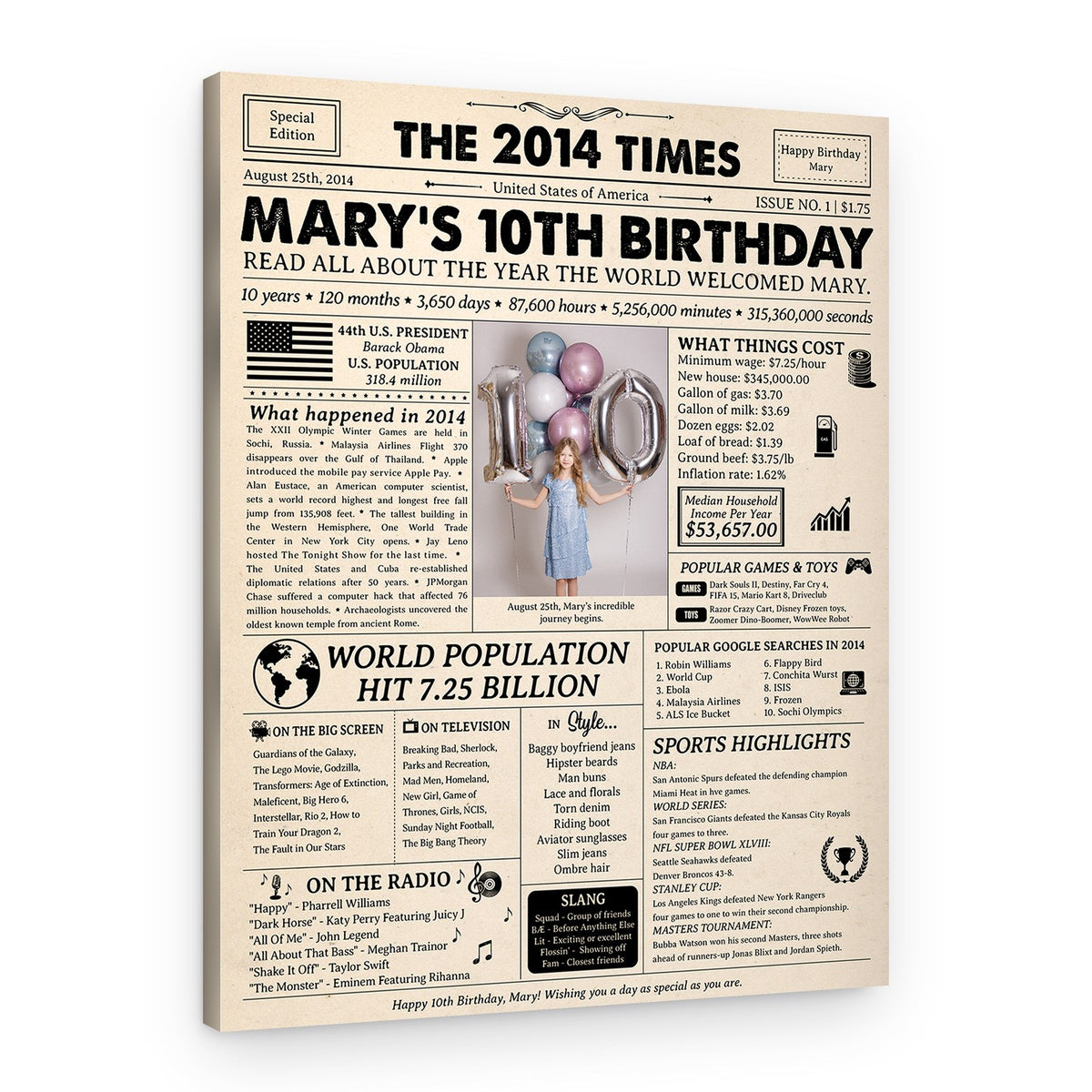 10th Birthday Gift for Kid: 2014 Birthday Newspaper Canvas – Canvas Print
