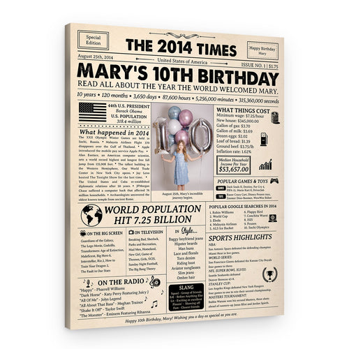 10th Birthday Gift for Kid: 2014 Birthday Newspaper Canvas – Canvas Print