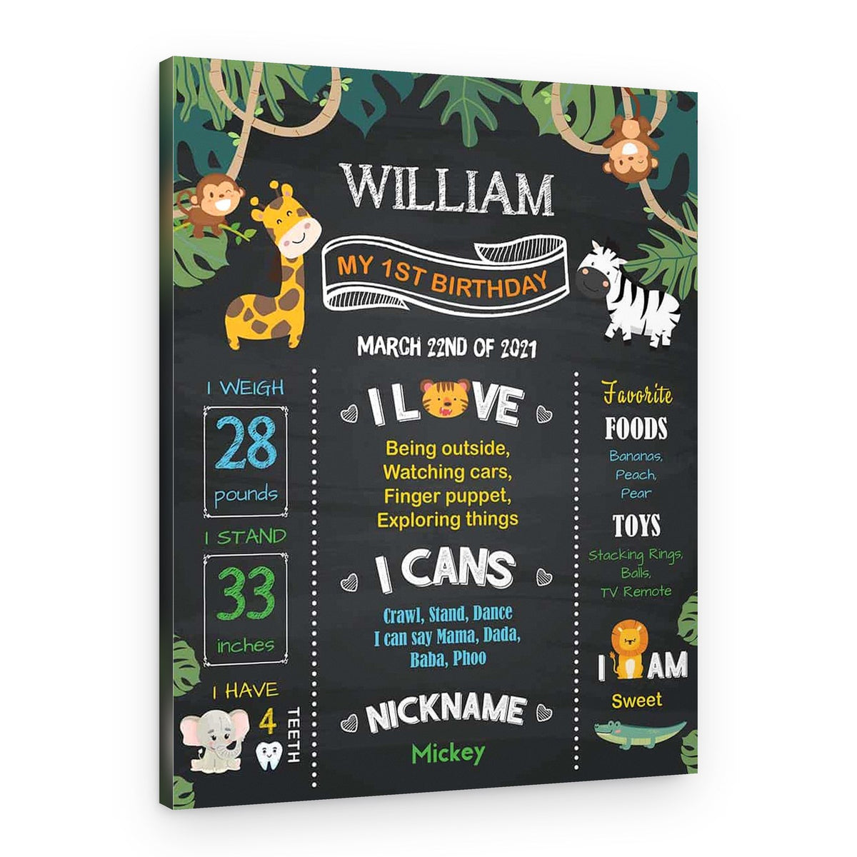 Jungle Zoo First Birthday Chalkboard Custom Canvas Print – Canvas Print