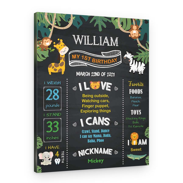Jungle Zoo First Birthday Chalkboard Custom Canvas Print