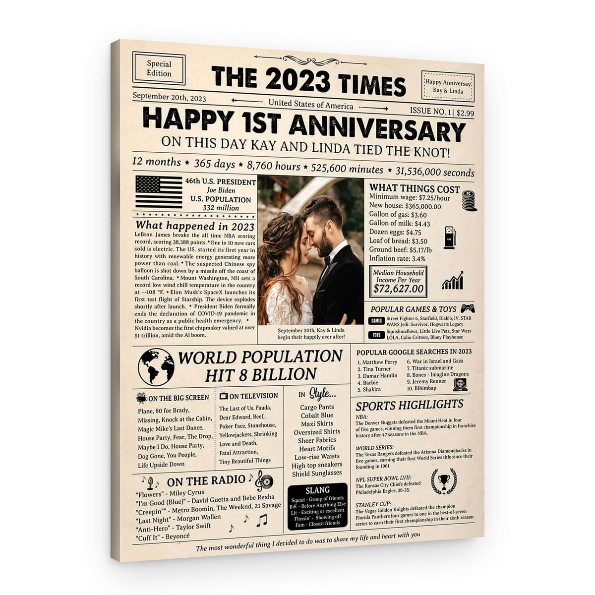 Happy 1st Wedding Anniversary Custom Photo Newspaper Canvas Print – Canvas Print