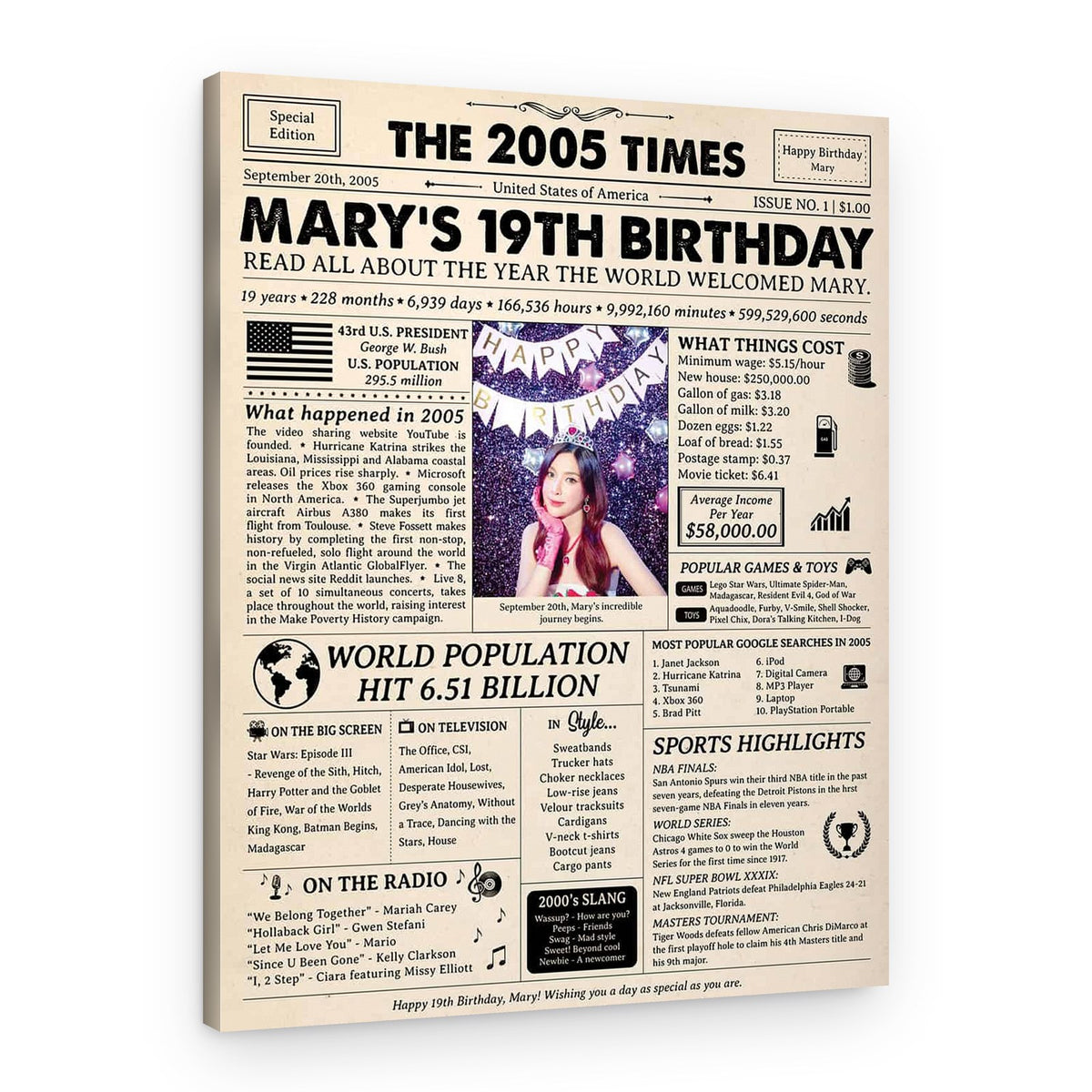 19th Birthday Gift: 2007 Birthday Newspaper Canvas – Canvas Print