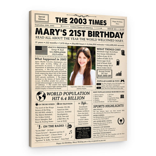 21st Birthday Gift: 2003 Birthday Newspaper Canvas – Canvas Print
