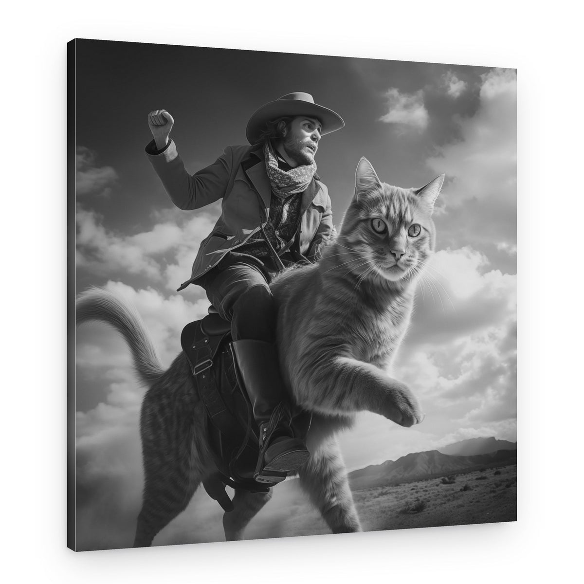 Cowboy Rides Giant Cat – Canvas Print