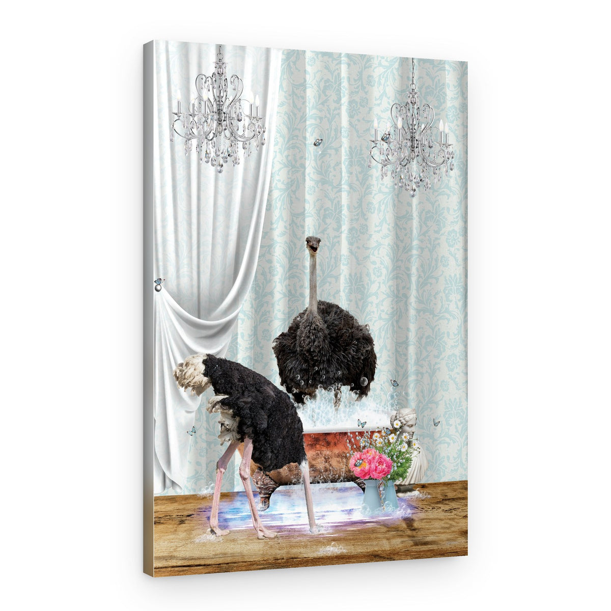 Whimsical Ostrich Bath – Canvas Print