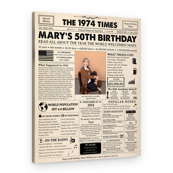 50th Birthday Gift: 1974 Birthday Newspaper Canvas