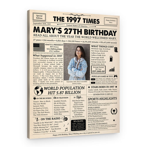27th Birthday Gift: 1997 Birthday Newspaper Canvas – Canvas Print