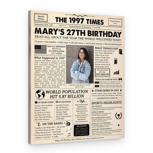 27th Birthday Gift: 1997 Birthday Newspaper Canvas