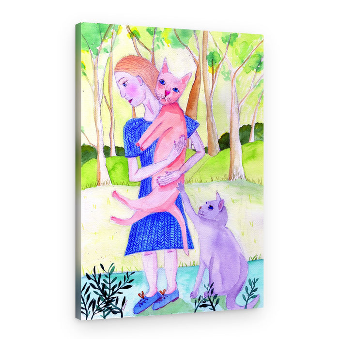 Woman and Her Forest Cats – Canvas Print