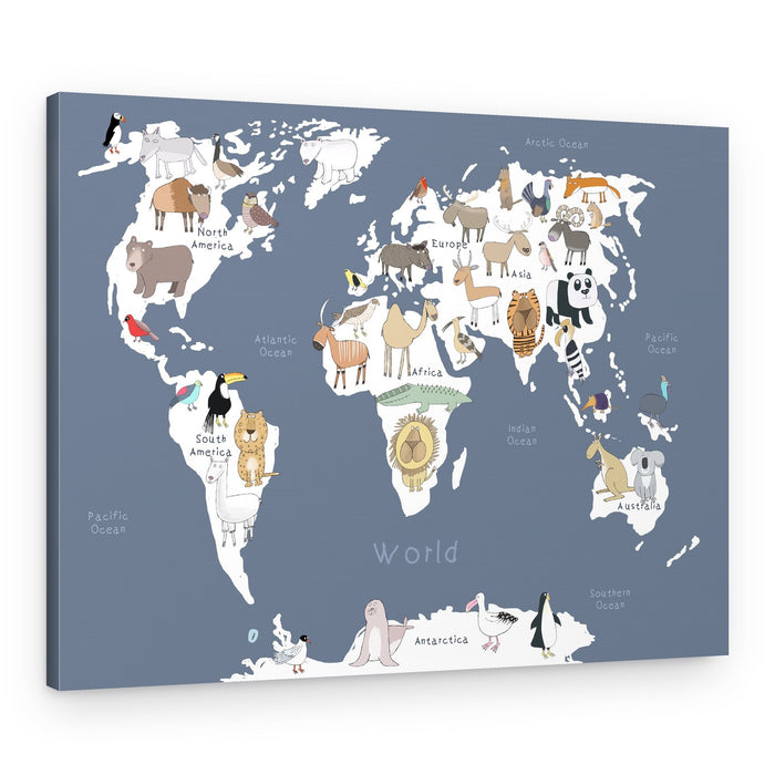 Cute Animal World Map – Canvas Print