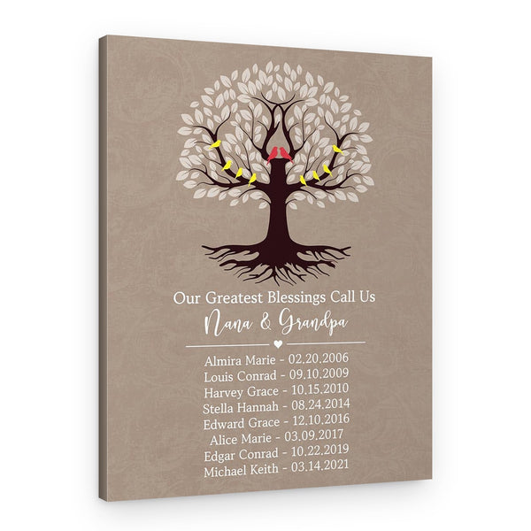 Our Greatest Blessings Call Us Nana and Papa Personalized Family Tree Canvas Print with Brown Background