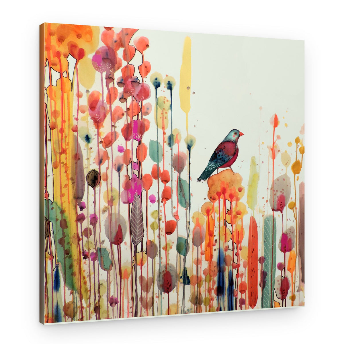 Whimsical Bird and Blooms – Canvas Print