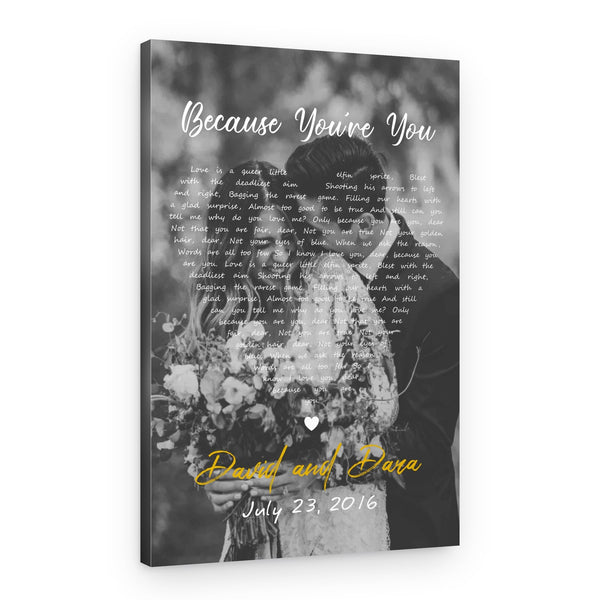 Heart-Shaped B&W Song Lyrics on Photo Canvas – Vertical