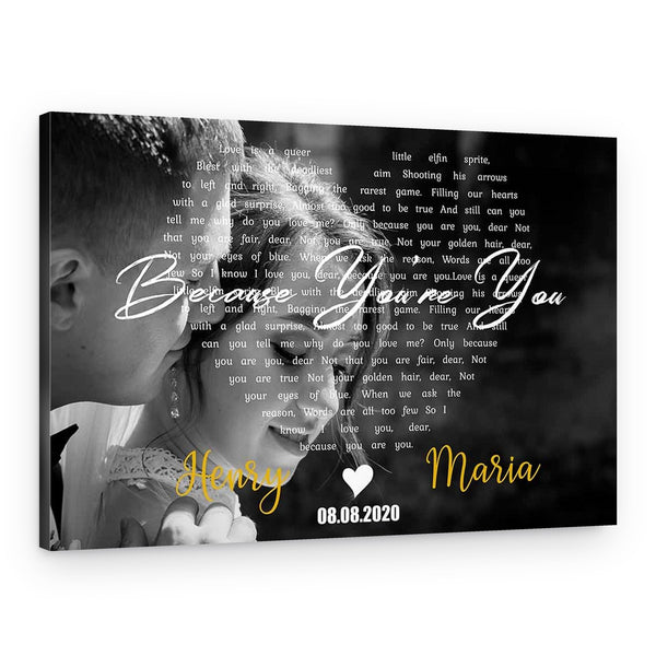 Heart-Shaped B&W Song Lyrics on Photo Canvas – Landscape