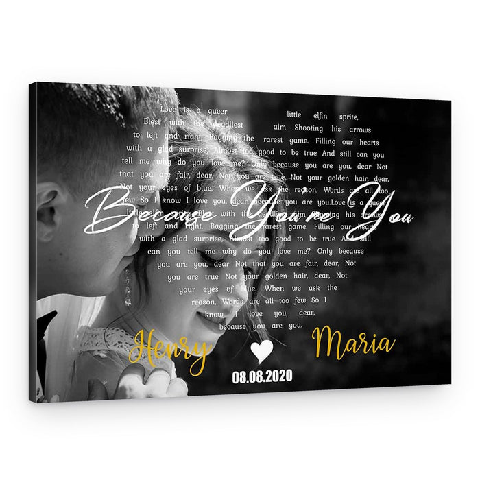 Heart-Shaped B&W Song Lyrics on Photo Canvas – Landscape
