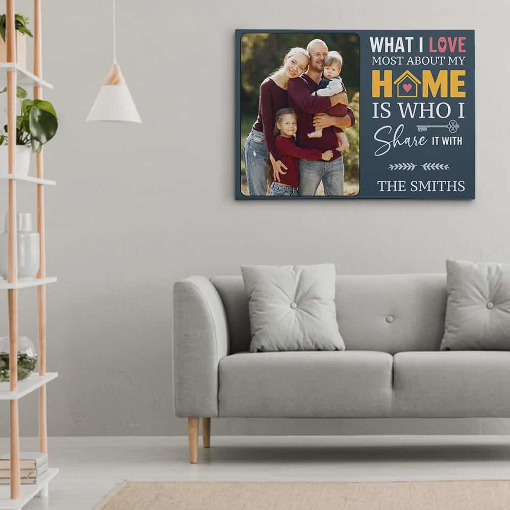 What I Love Most About My Home Is Who I Share It With Canvas Print Hung Above A Sofa